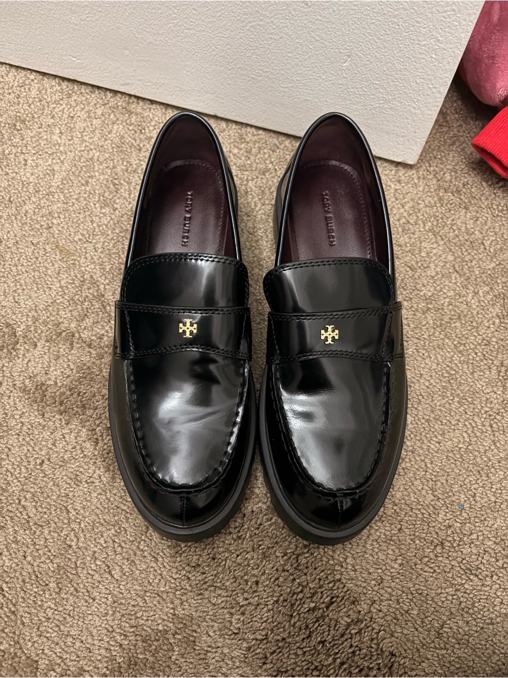 Tory Burch Black Patent Leather Gold-Logo Penny Loafers